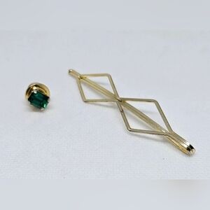 Gold Tone Tie Clip & Green Stone Lapel Pin Set Classic